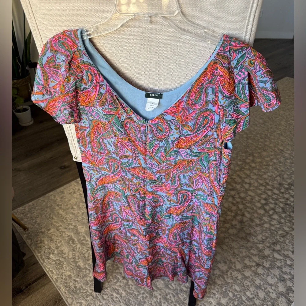 J.Crew 100% Silk Paisley Mini Dress Flutter Sleeves, 8